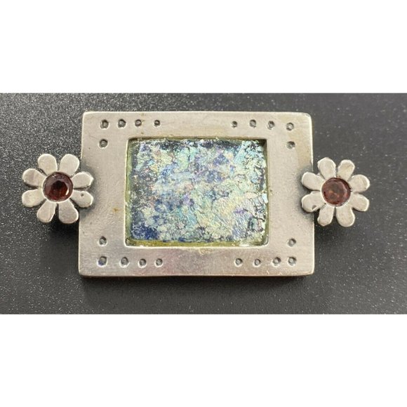 VTG Pin Aqua Roman Glass Bruria Tamir Israel ancient Floral Sterling Brooch - Picture 5 of 5